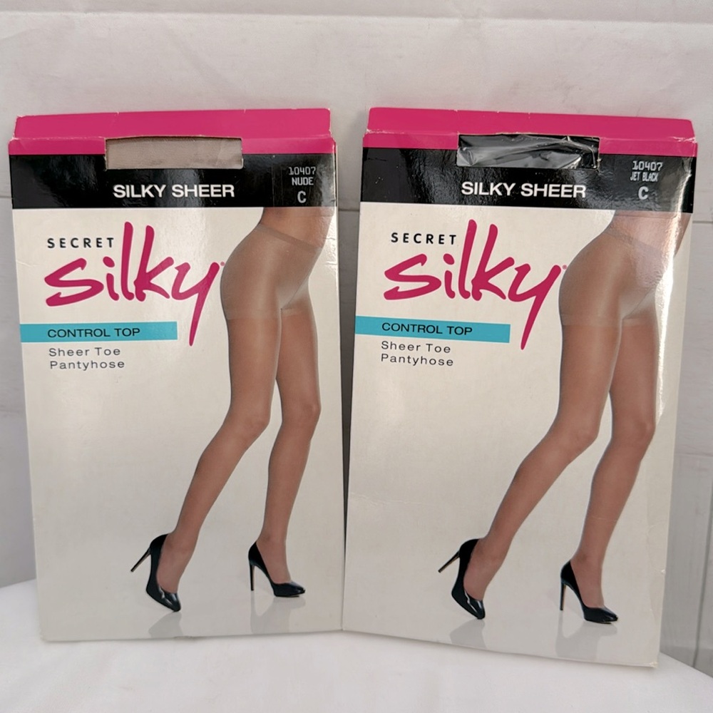 Secret Silky Size C Lot of 2 Control Top Pantyhose 1-Jet Black & 1- Nude